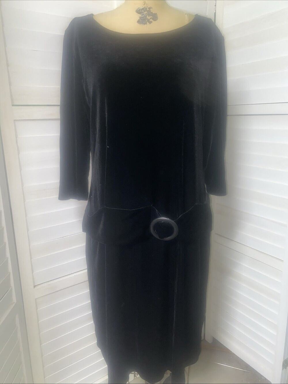 90s VTG Dani Max Black Velvet Dress Women’s 3/4 Sleeve Straight Pencil Belt 16